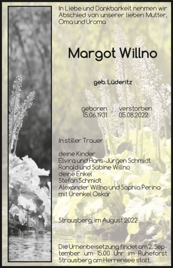 Traueranzeige von Margot Willno (geb. Lüderitz)  von Magdeburger Volksstimme