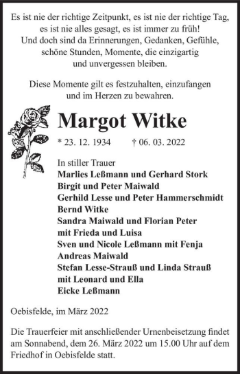 Traueranzeige von Margot Witke  von Magdeburger Volksstimme