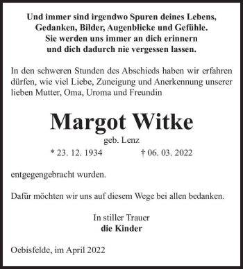 Traueranzeige von Margot Witke (geb. Lenz)  von Magdeburger Volksstimme