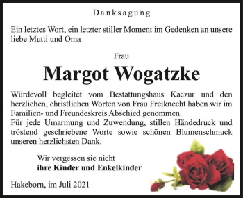 Traueranzeige von Margot Wogatzke  von Magdeburger Volksstimme