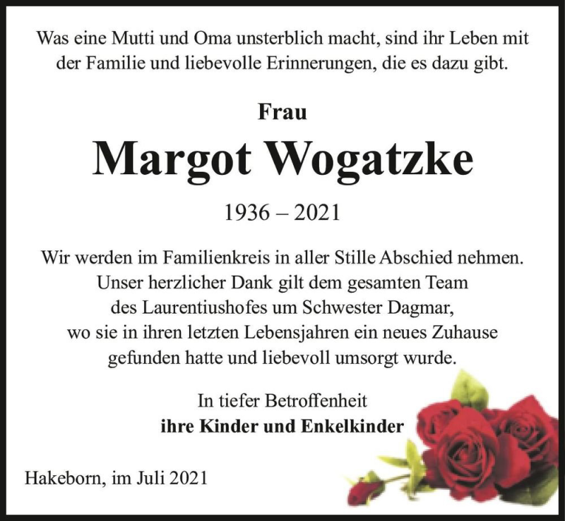  Traueranzeige für Margot Wogatzke  vom 28.07.2021 aus Magdeburger Volksstimme