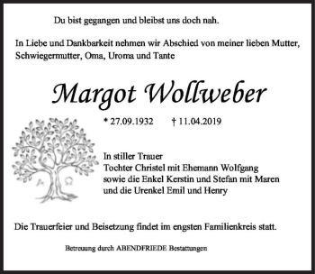 Traueranzeige von Margot Wollweber  von Magdeburger Volksstimme
