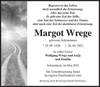 Traueranzeige von Margot Wrege (geb. Schönemann)  von Magdeburger Volksstimme
