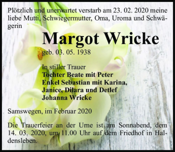 Traueranzeige von Margot Wricke  von Magdeburger Volksstimme