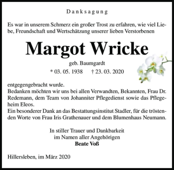 Traueranzeige von Margot Wricke (geb. Baumgardt)  von Magdeburger Volksstimme