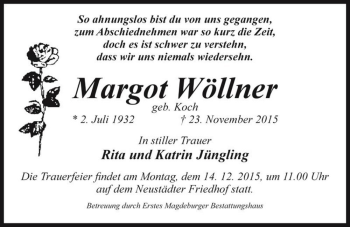 Traueranzeige von Margot Wöllner (geb. Koch)  von Magdeburger Volksstimme