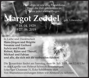 Traueranzeige von Margot Zeddel (geb. Löwenthal)  von Magdeburger Volksstimme