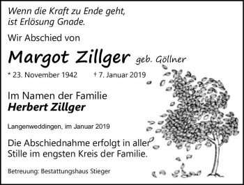 Traueranzeige von Margot Zillger (geb. Göllner)  von Magdeburger Volksstimme