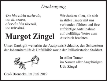 Traueranzeige von Margot Zingel  von Magdeburger Volksstimme