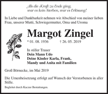 Traueranzeige von Margot Zingel  von Magdeburger Volksstimme