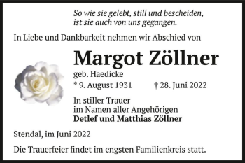 Traueranzeige von Margot Zöllner (geb. Haedicke)  von Magdeburger Volksstimme