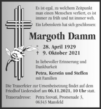 Traueranzeige von Margoth Damm  von Magdeburger Volksstimme