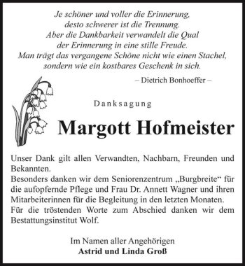 Traueranzeige von Margott Hofmeister  von Magdeburger Volksstimme