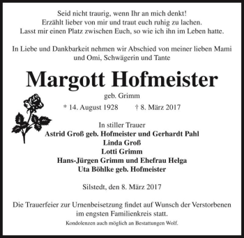 Traueranzeige von Margott Hofmeister (geb. Grimm)  von Magdeburger Volksstimme
