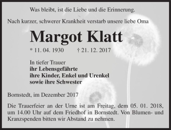 Traueranzeige von Margott Klatt  von Magdeburger Volksstimme