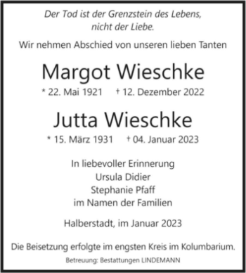 Traueranzeige von Margot und Jutta Wieschke  von Magdeburger Volksstimme