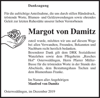 Traueranzeige von Margot von Damitz  von Magdeburger Volksstimme