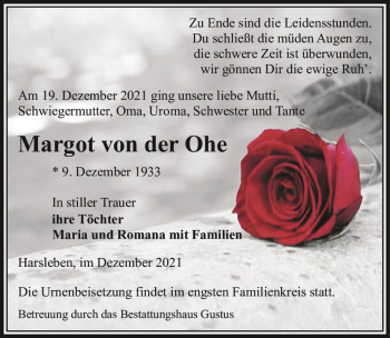 Traueranzeige von Margot von der Ohe  von Magdeburger Volksstimme