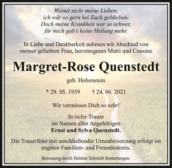 Traueranzeige von Margret-Rose Quenstedt (geb. Hohenstein)  von Magdeburger Volksstimme