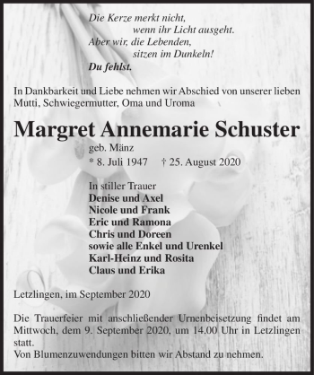Traueranzeige von Margret Annemarie Schuster (geb. Mänz)  von Magdeburger Volksstimme