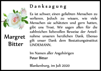 Traueranzeige von Margret Bitter  von Magdeburger Volksstimme