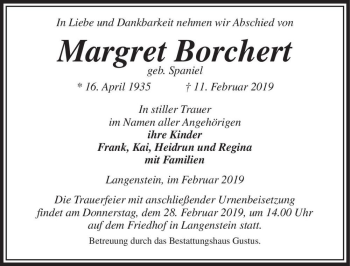 Traueranzeige von Margret Borchert (geb. Spaniel)  von Magdeburger Volksstimme