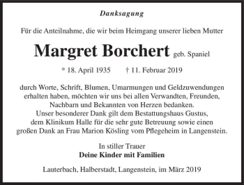 Traueranzeige von Margret Borchert (geb. Spaniel)  von Magdeburger Volksstimme