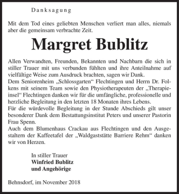 Traueranzeige von Margret Bublitz  von Magdeburger Volksstimme