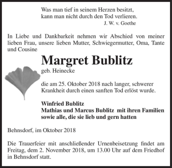 Traueranzeige von Margret Bublitz (geb. Heinecke)  von Magdeburger Volksstimme