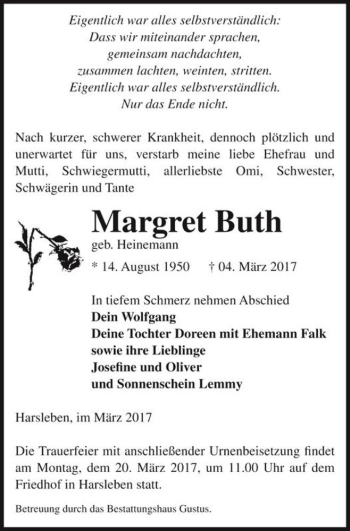 Traueranzeige von Margret Buth (geb. Heinemann)  von Magdeburger Volksstimme