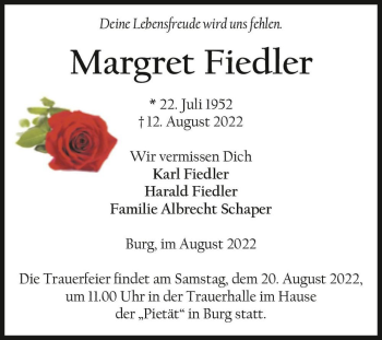 Traueranzeige von Margret Fiedler  von Magdeburger Volksstimme