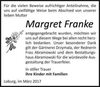 Traueranzeige von Margret Franke  von Magdeburger Volksstimme