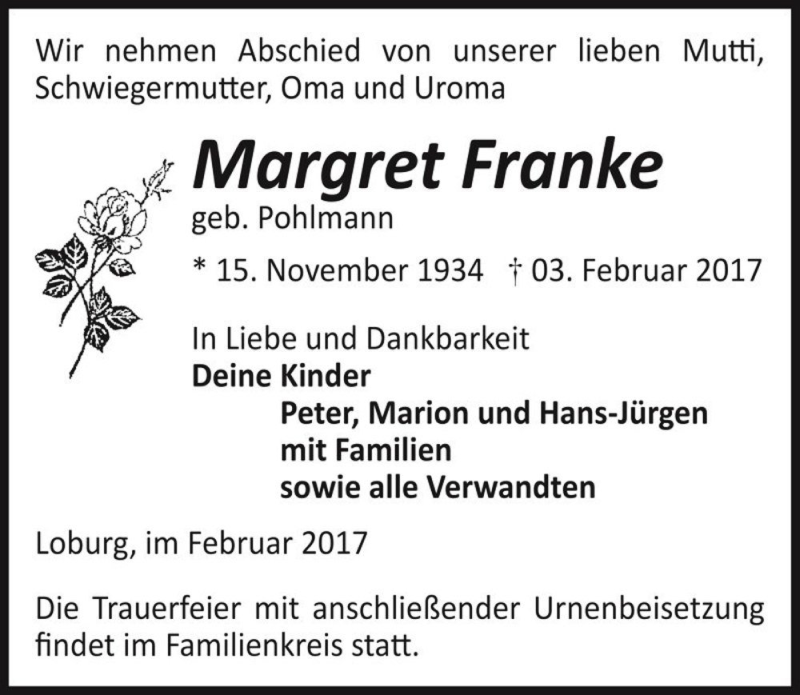  Traueranzeige für Margret Franke (geb. Pohlmann)  vom 11.02.2017 aus Magdeburger Volksstimme
