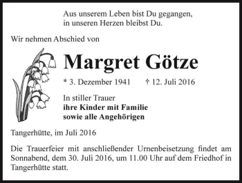 Traueranzeige von Margret Götze  von Magdeburger Volksstimme