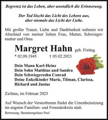 Traueranzeige von Margret Hahn (geb. Freitag)  von Magdeburger Volksstimme