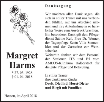 Traueranzeige von Margret Harms  von Magdeburger Volksstimme