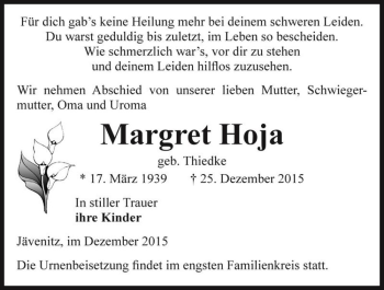 Traueranzeige von Margret Hoja (geb. Thiedke)  von Magdeburger Volksstimme