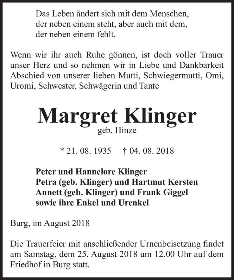  Traueranzeige für Margret Klinger (geb. Hinze)  vom 11.08.2018 aus Magdeburger Volksstimme