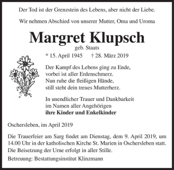 Traueranzeige von Margret Klupsch (geb. Staats)  von Magdeburger Volksstimme