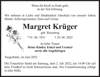 Traueranzeige von Margret Krüger (geb. Rieseberg)  von Magdeburger Volksstimme