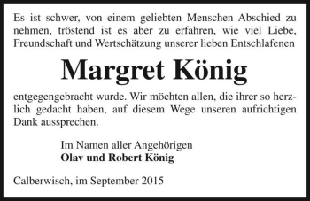 Traueranzeige von Margret König  von Magdeburger Volksstimme