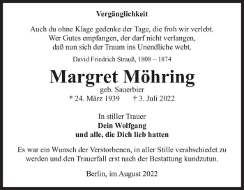 Traueranzeige von Margret Möhring (geb. Sauerbier)  von Magdeburger Volksstimme