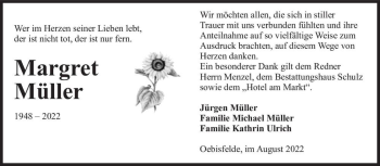 Traueranzeige von Margret Müller  von Magdeburger Volksstimme