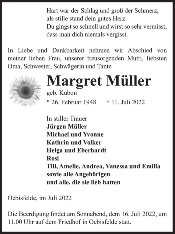 Traueranzeige von Margret Müller (geb. Kubon)  von Magdeburger Volksstimme