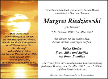 Traueranzeige von Margret Riedziewski (geb. Dziubiel)  von Magdeburger Volksstimme
