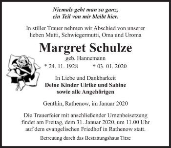 Traueranzeige von Margret Schulze (geb. Hannemann)  von Magdeburger Volksstimme