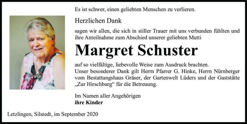  Traueranzeige für Margret Schuster  vom 19.09.2020 aus Magdeburger Volksstimme