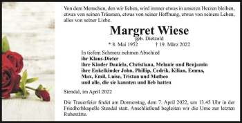 Traueranzeige von Margret Wiese (geb. Dietzold)  von Magdeburger Volksstimme