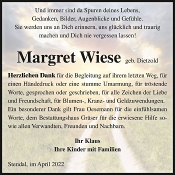 Traueranzeige von Margret Wiese (geb. Dietzold)  von Magdeburger Volksstimme