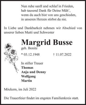 Traueranzeige von Margrid Busse (geb. Bonitz)  von Magdeburger Volksstimme